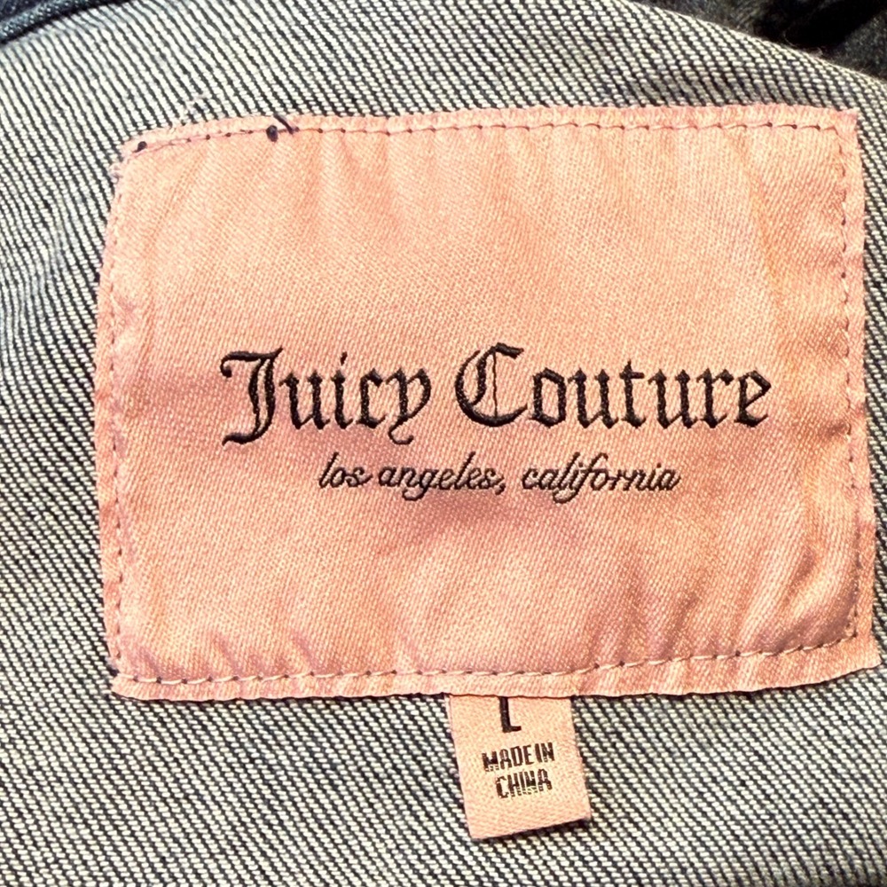 Juicy Couture Y2K Cropped Dark Wash Denim Blue Jean Jacket Women‎ Size L - Picture 7 of 12
